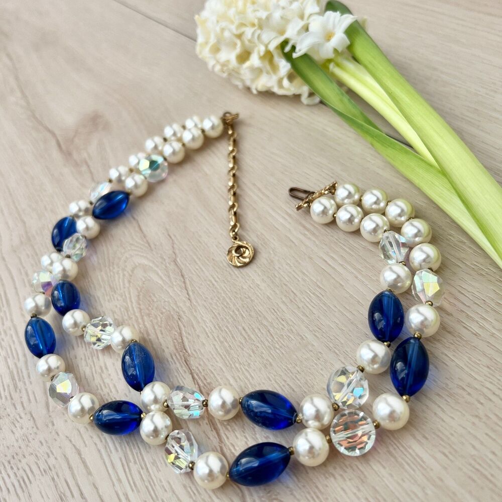VTG Double Strand Faux Pearl Cobalt Blue Resin Aurora Borealis Beaded Necklace